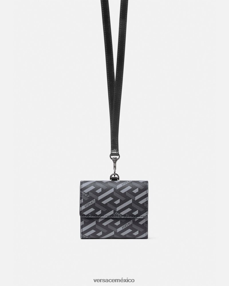 Versace cartera triple con firma la greca negro y gris accesorios hombres 84626J1653