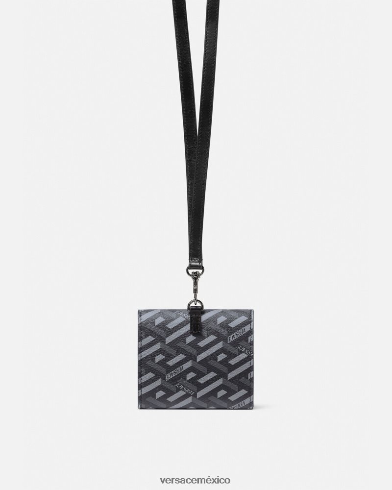 Versace cartera triple con firma la greca negro y gris accesorios hombres 84626J1653