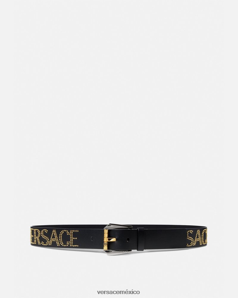 Versace cinturón de cuero con logo y tachuelas oro negro accesorios hombres 84626J1627