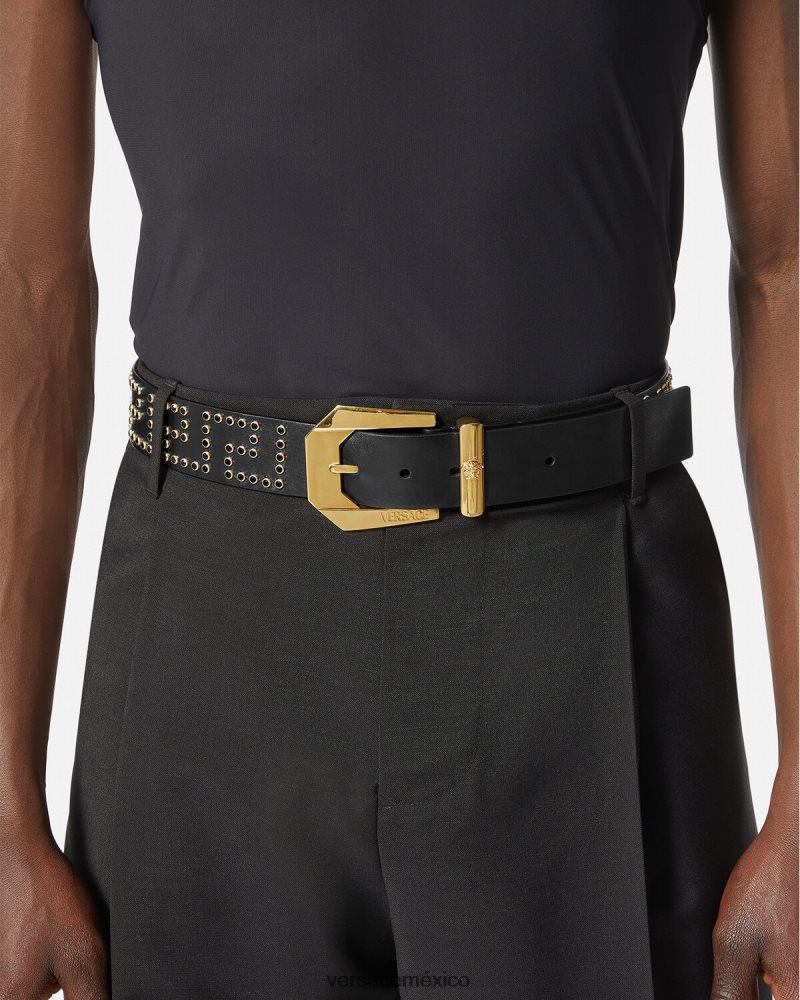 Versace cinturón de cuero con medusa y cristales negro accesorios hombres 84626J1624