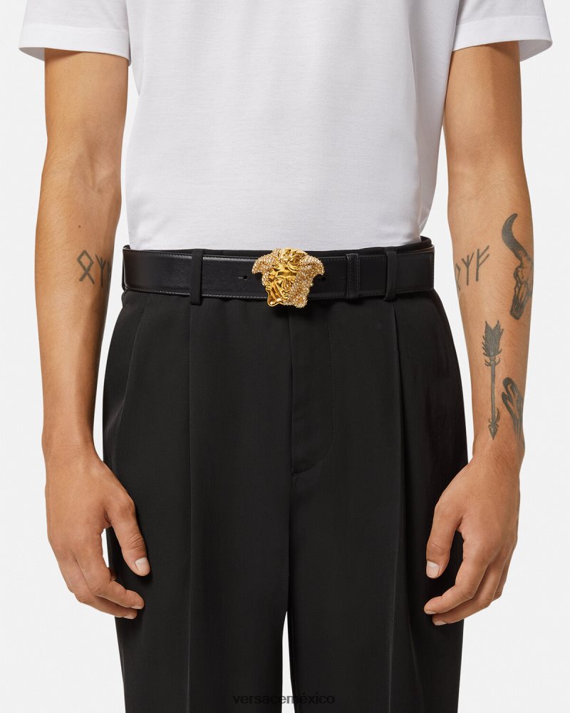 Versace cinturón de piel con cristales la medusa negro accesorios hombres 84626J1618