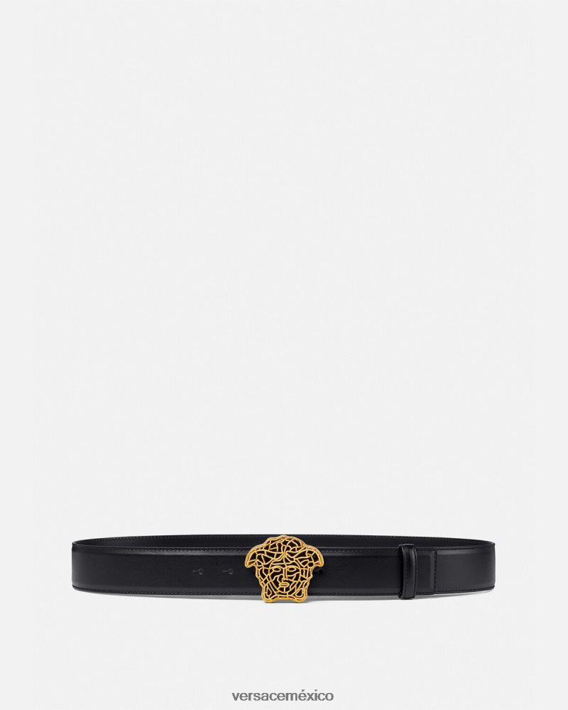 Versace cinturón de piel con medusa oro negro accesorios hombres 84626J1630