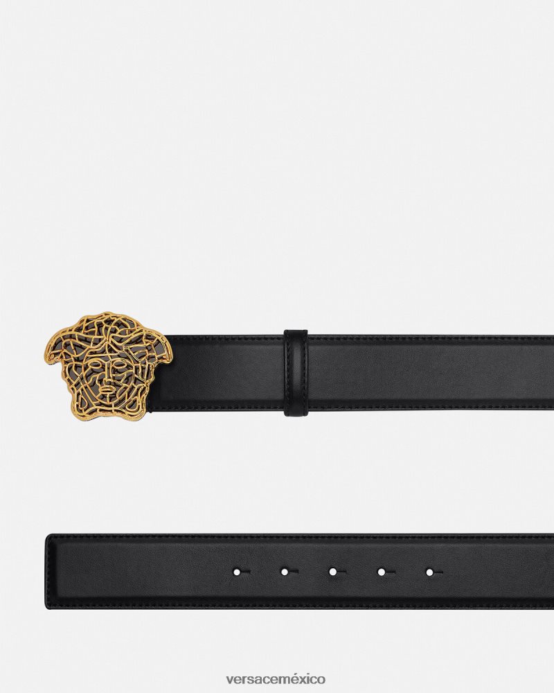 Versace cinturón de piel con medusa oro negro accesorios hombres 84626J1630