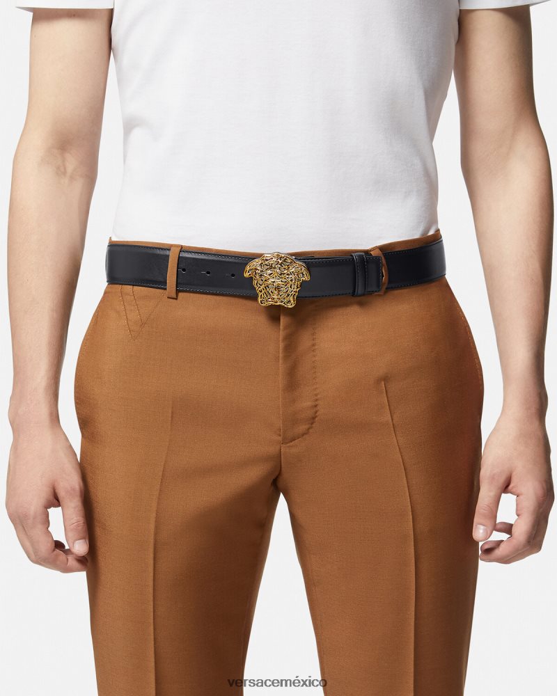 Versace cinturón de piel con medusa oro negro accesorios hombres 84626J1630
