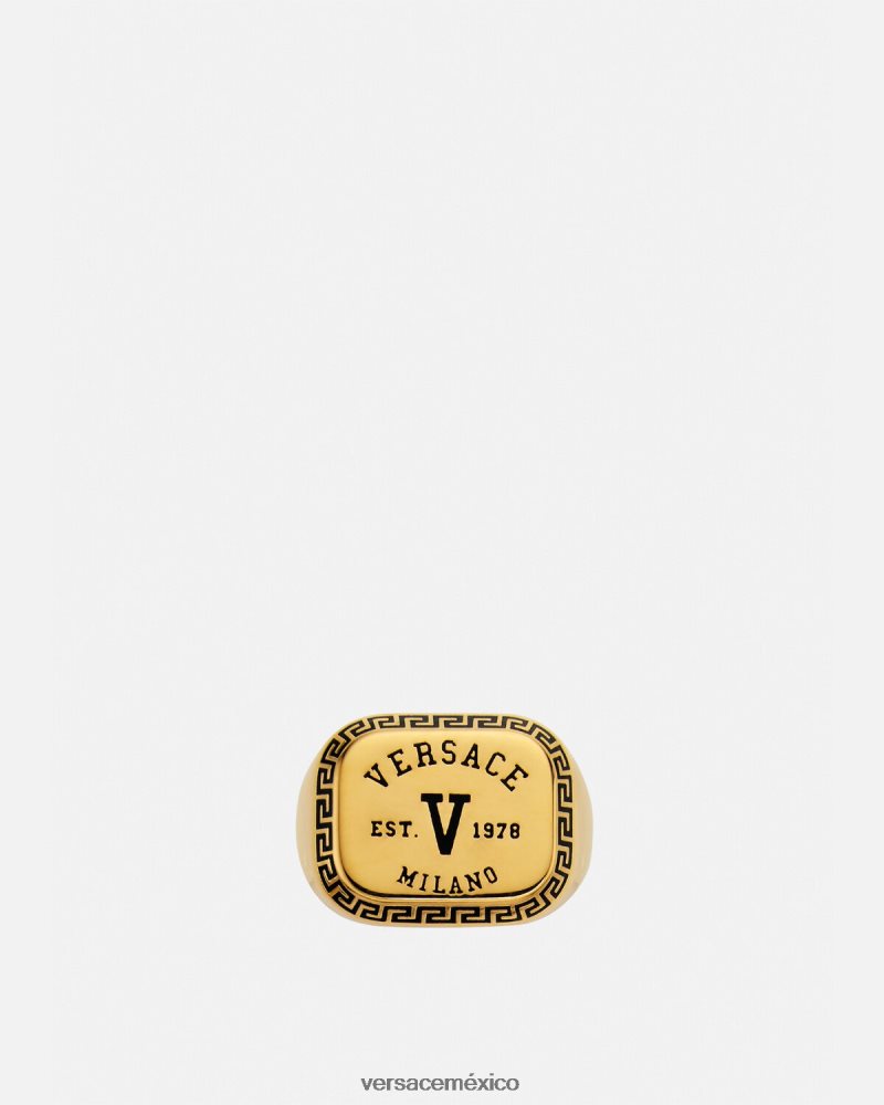 Versace anillo con logo universitario oro negro accesorios hombres 84626J1699