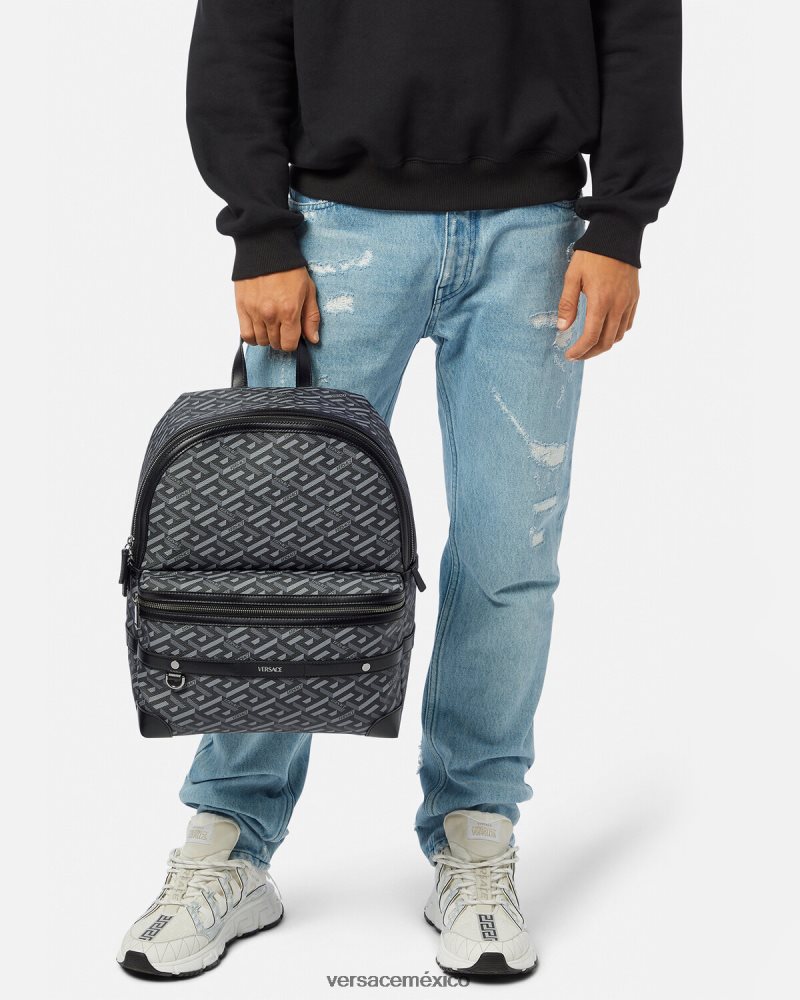 Versace mochila con la firma la greca negro y gris bolsas hombres 84626J1487