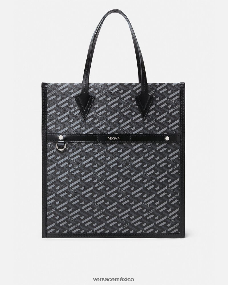 Versace bolso tote alto con firma la greca negro y gris bolsas hombres 84626J1476