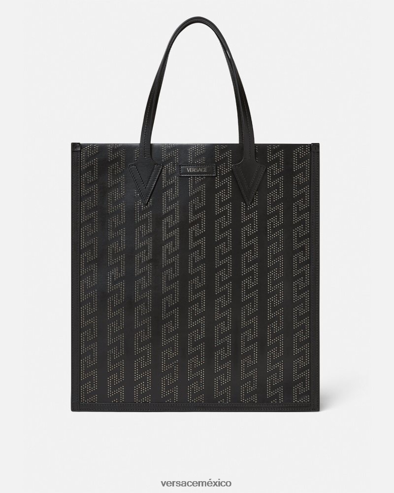 Versace bolso tote alto con greca y apliques negro bolsas hombres 84626J1489