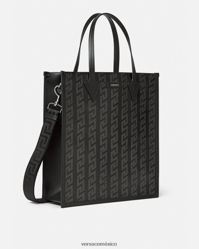 Versace bolso tote alto con greca y apliques negro bolsas hombres 84626J1489