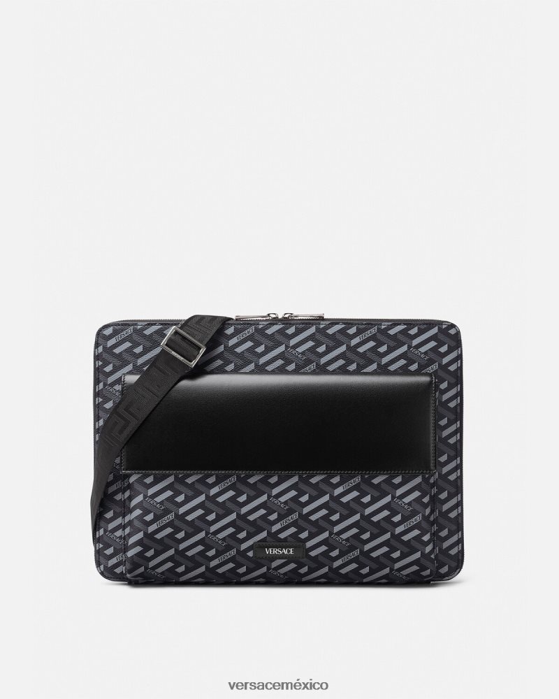 Versace funda para portátil con firma la greca negro y gris bolsas hombres 84626J1483