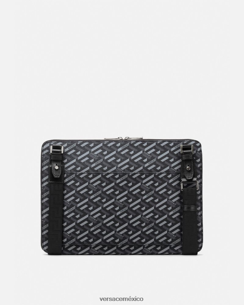 Versace funda para portátil con firma la greca negro y gris bolsas hombres 84626J1483