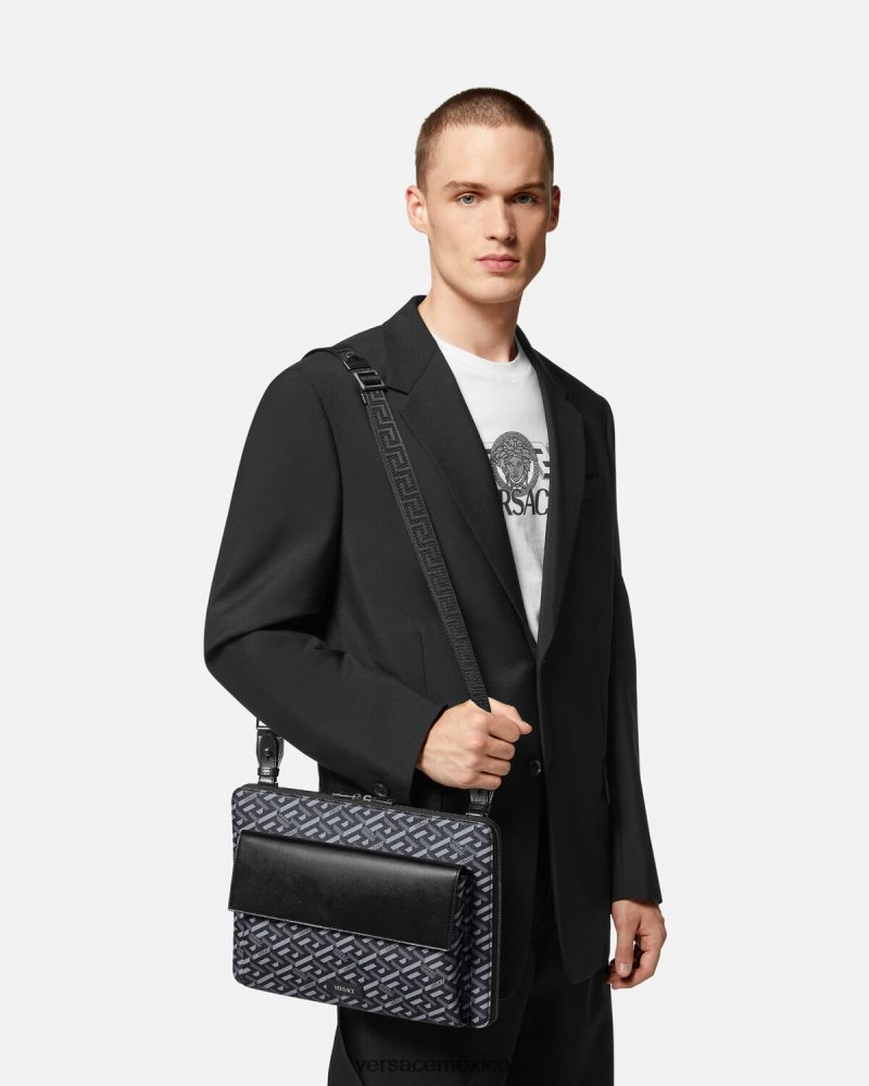 Versace funda para portátil con firma la greca negro y gris bolsas hombres 84626J1483