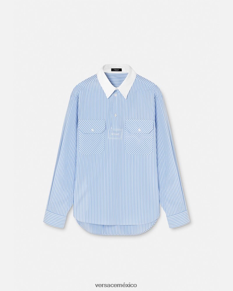 Versace camisa a rayas con logo azul claro ropa hombres 84626J1295