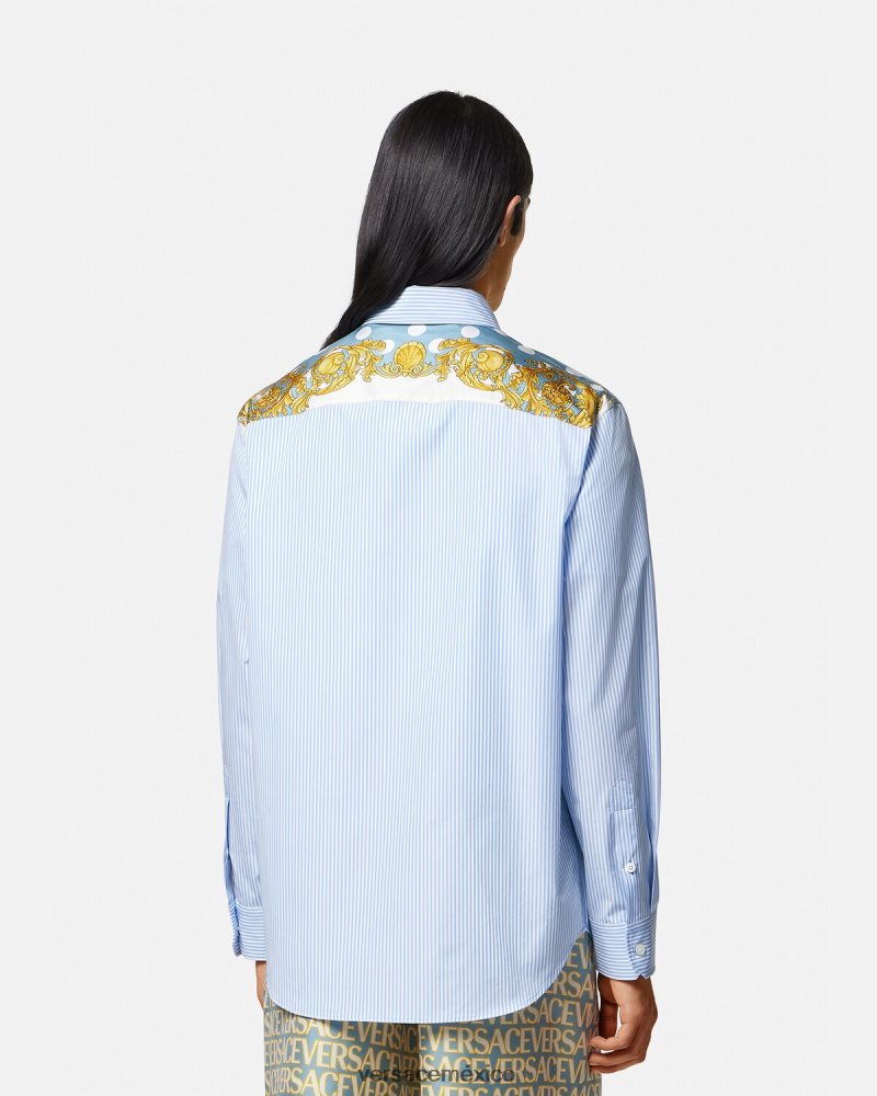Versace camisa barroca a rayas con conchas marinas imprimir ropa hombres 84626J1293