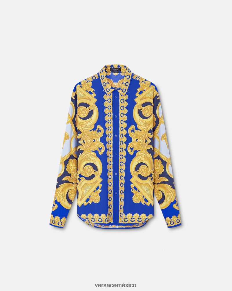 Versace camisa barroco 660 de algodón azul y oro ropa hombres 84626J1321