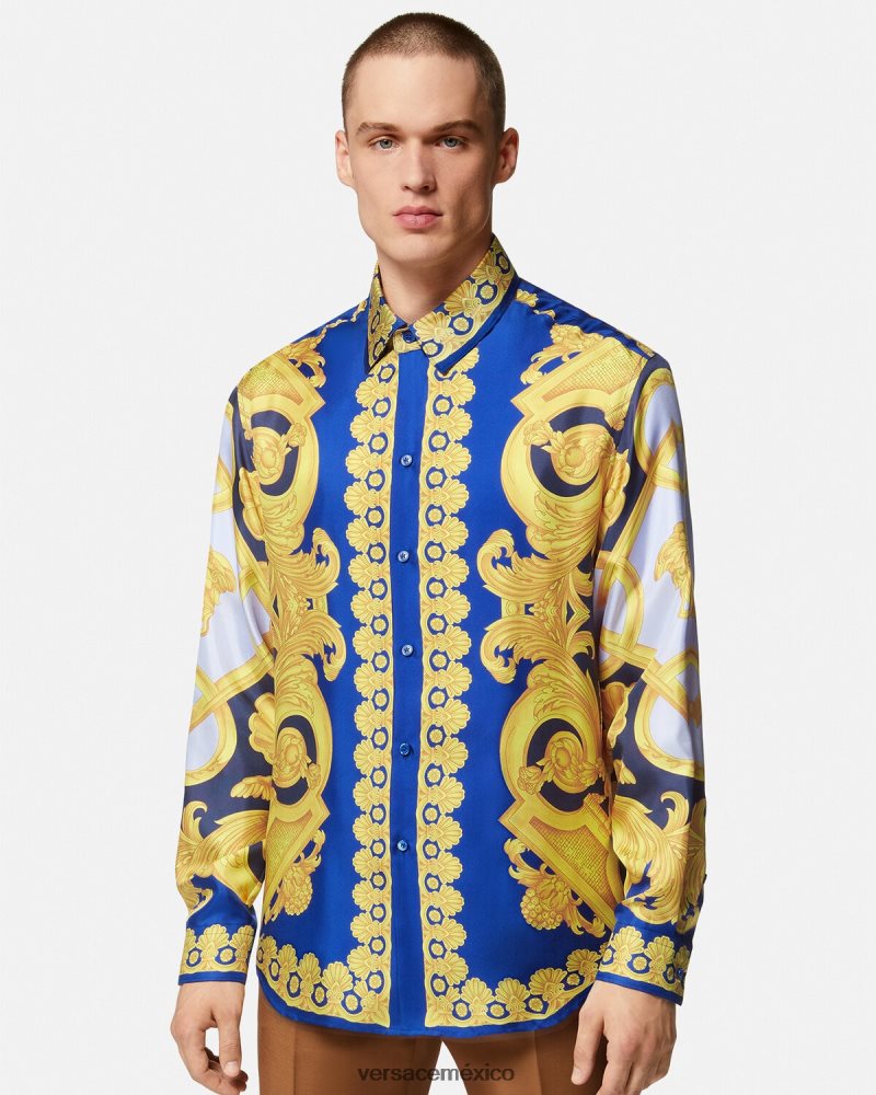 Versace camisa barroco 660 de algodón azul y oro ropa hombres 84626J1321