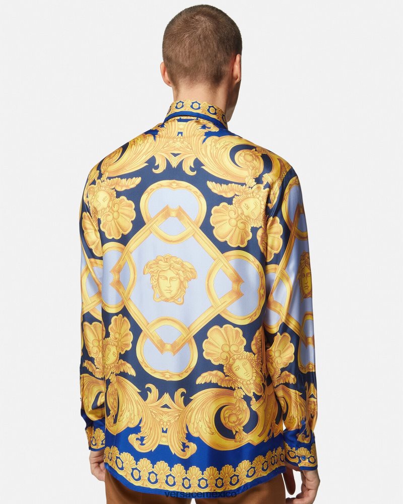 Versace camisa barroco 660 de algodón azul y oro ropa hombres 84626J1321