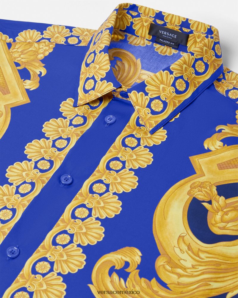 Versace camisa barroco 660 de algodón azul y oro ropa hombres 84626J1321