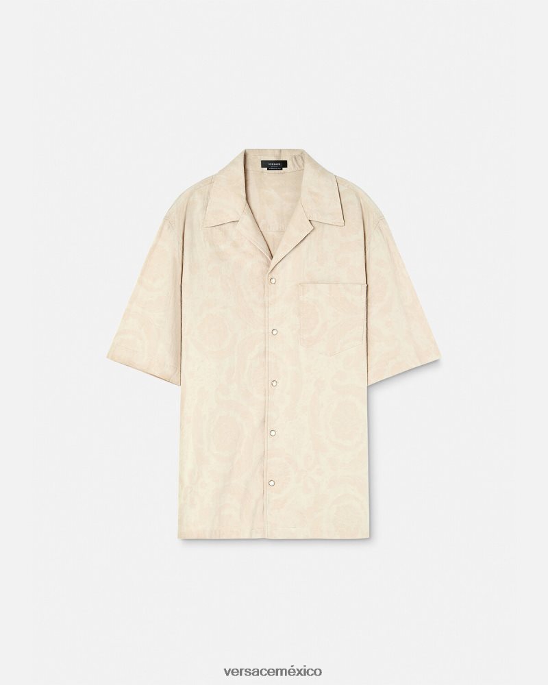 Versace camisa de cambray con silueta barroca beige ropa hombres 84626J1291