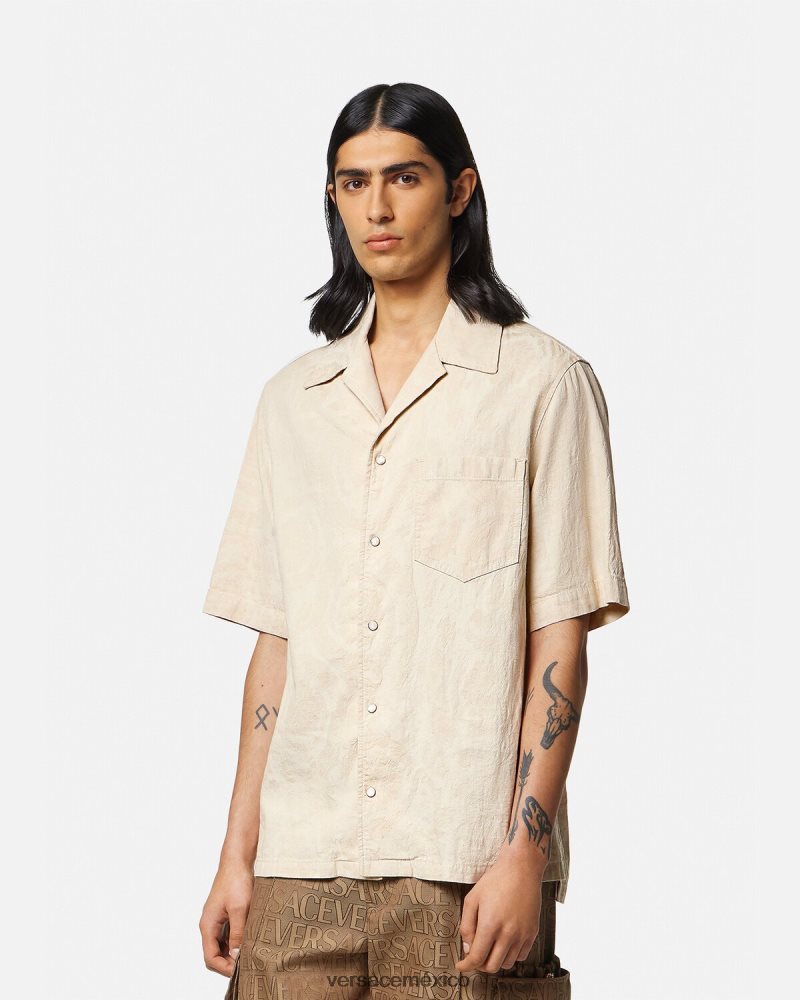Versace camisa de cambray con silueta barroca beige ropa hombres 84626J1291