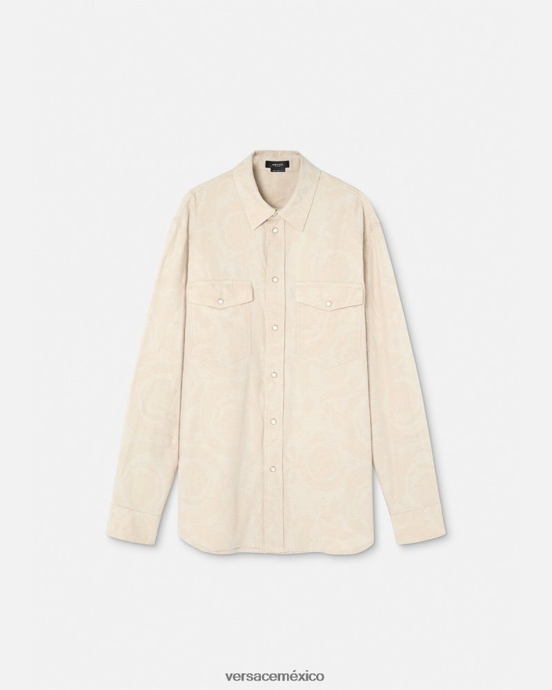 Versace camisa de cambray con silueta barroca beige ropa hombres 84626J1292