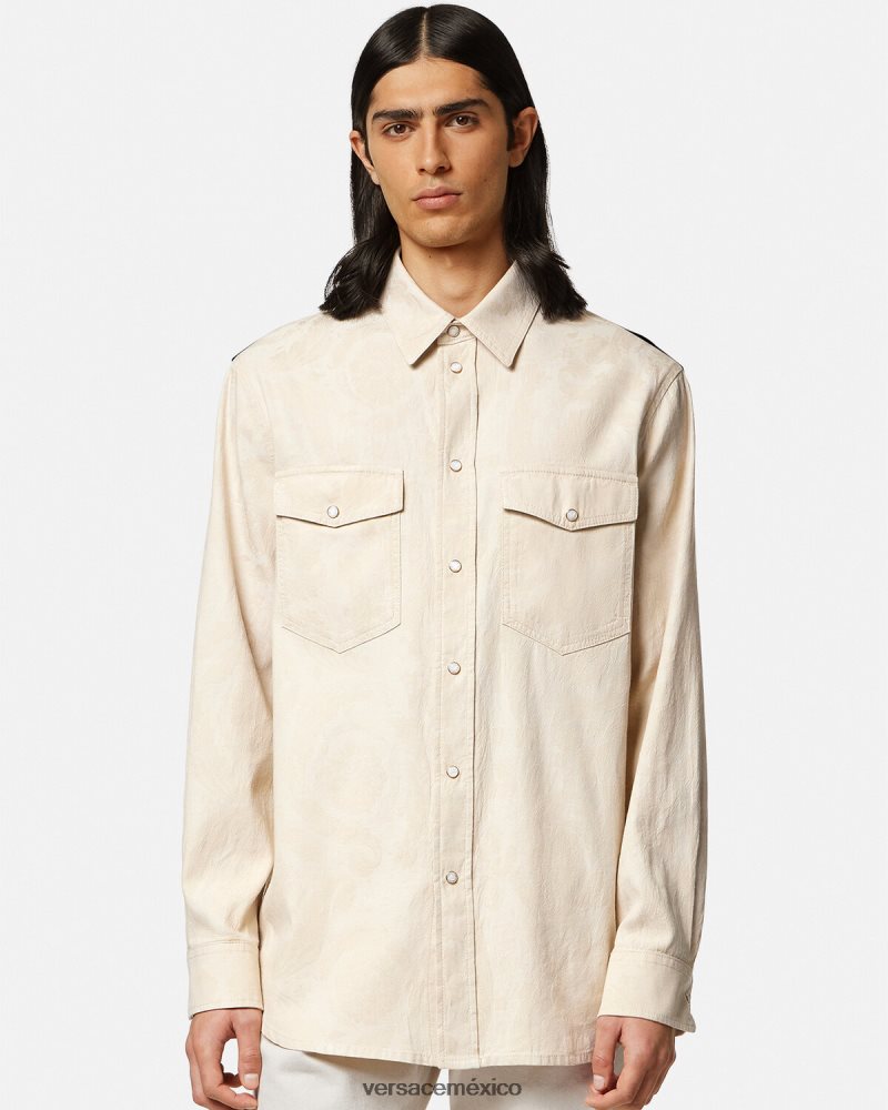 Versace camisa de cambray con silueta barroca beige ropa hombres 84626J1292