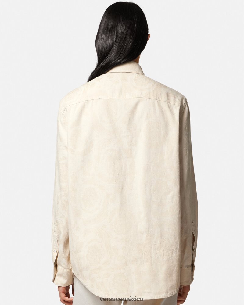 Versace camisa de cambray con silueta barroca beige ropa hombres 84626J1292