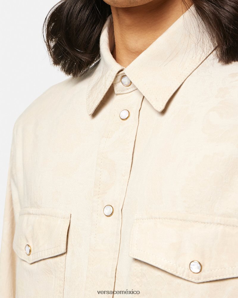 Versace camisa de cambray con silueta barroca beige ropa hombres 84626J1292