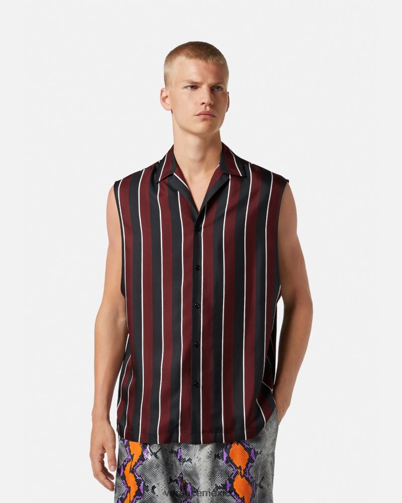 Versace camisa de seda a rayas sin mangas rojo y gris ropa hombres 84626J1303