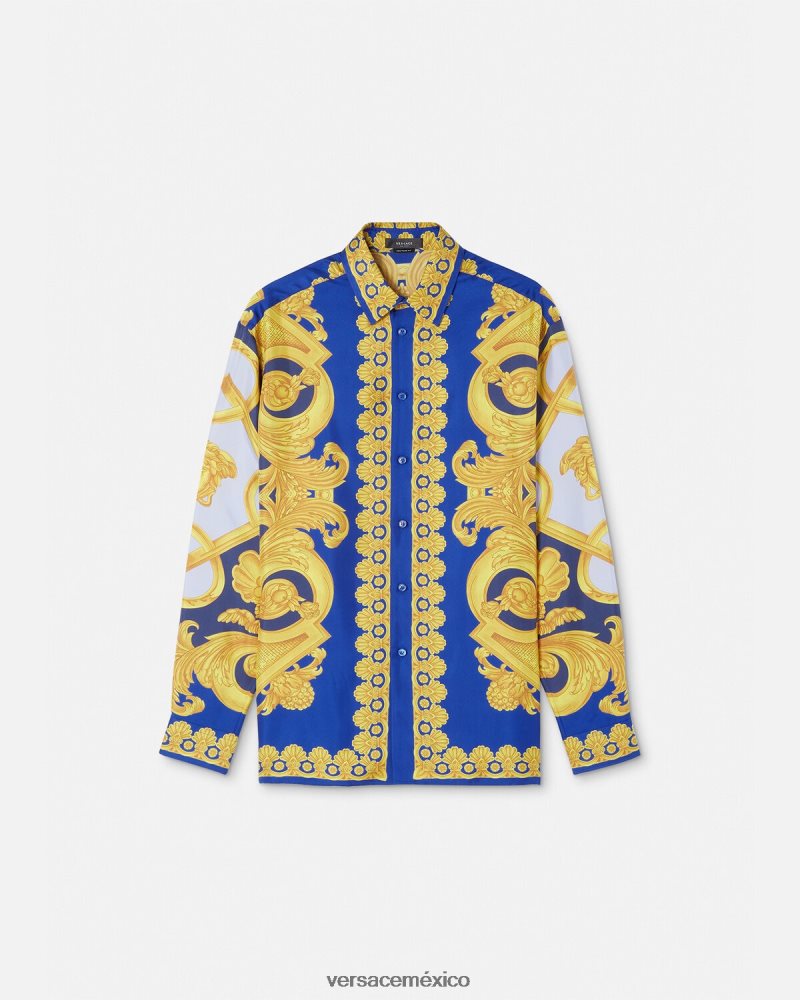 Versace camisa de seda barroco 660 azul y oro ropa hombres 84626J1318