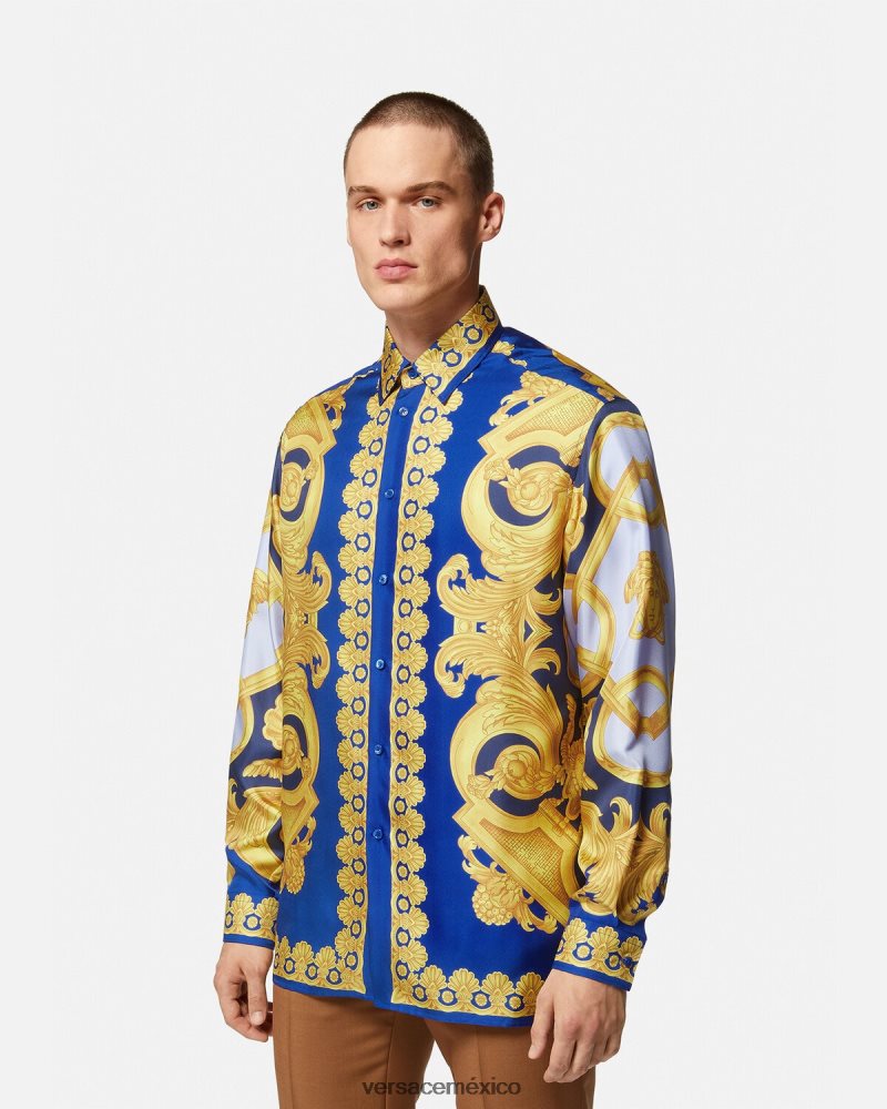 Versace camisa de seda barroco 660 azul y oro ropa hombres 84626J1318