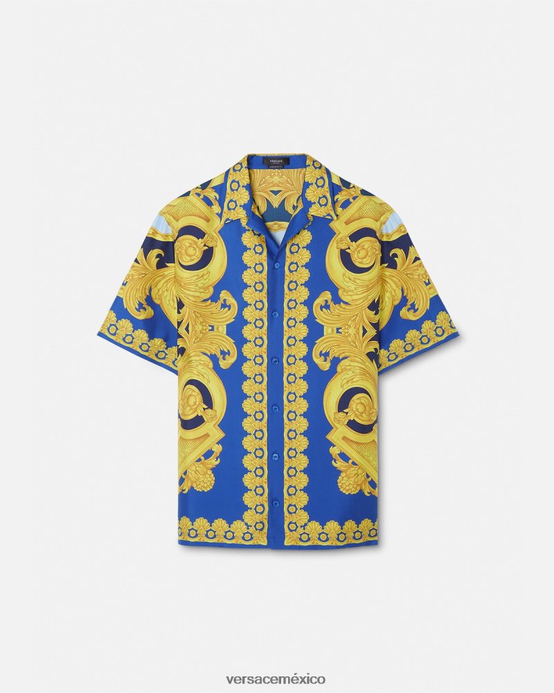 Versace camisa de seda barroco 660 azul y oro ropa hombres 84626J1319