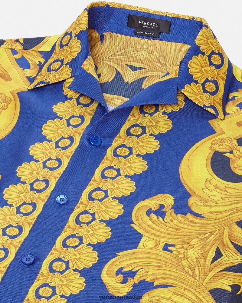 Versace camisa de seda barroco 660 azul y oro ropa hombres 84626J1319