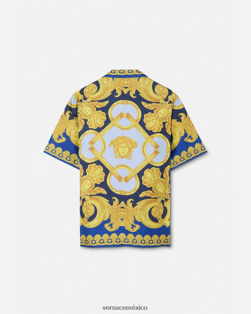 Versace camisa de seda barroco 660 azul y oro ropa hombres 84626J1319