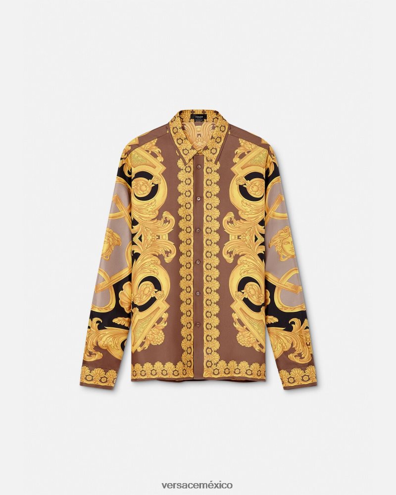 Versace camisa de seda barroco 660 marrón y dorado ropa hombres 84626J1320