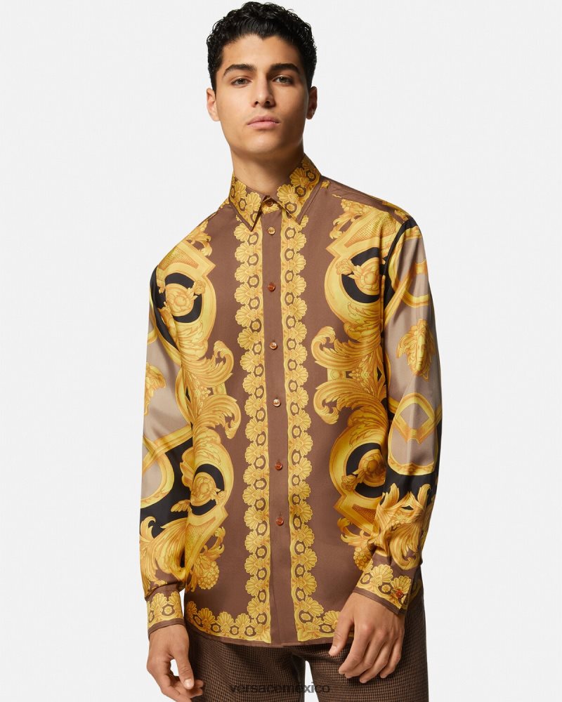 Versace camisa de seda barroco 660 marrón y dorado ropa hombres 84626J1320