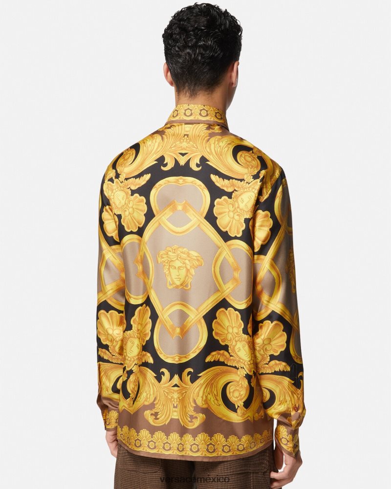 Versace camisa de seda barroco 660 marrón y dorado ropa hombres 84626J1320