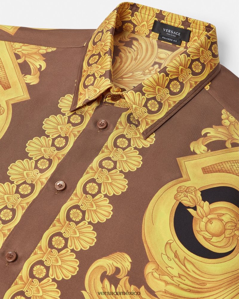 Versace camisa de seda barroco 660 marrón y dorado ropa hombres 84626J1320