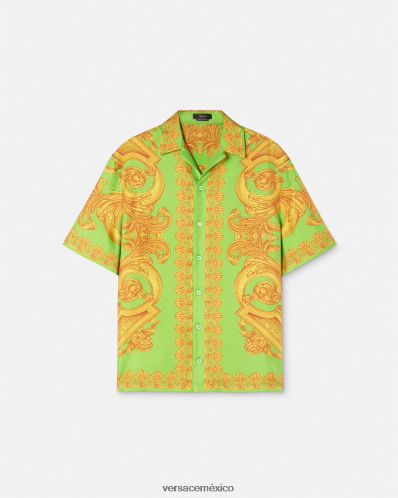 Versace camisa de seda barroco 660 oro y verde ropa hombres 84626J1317