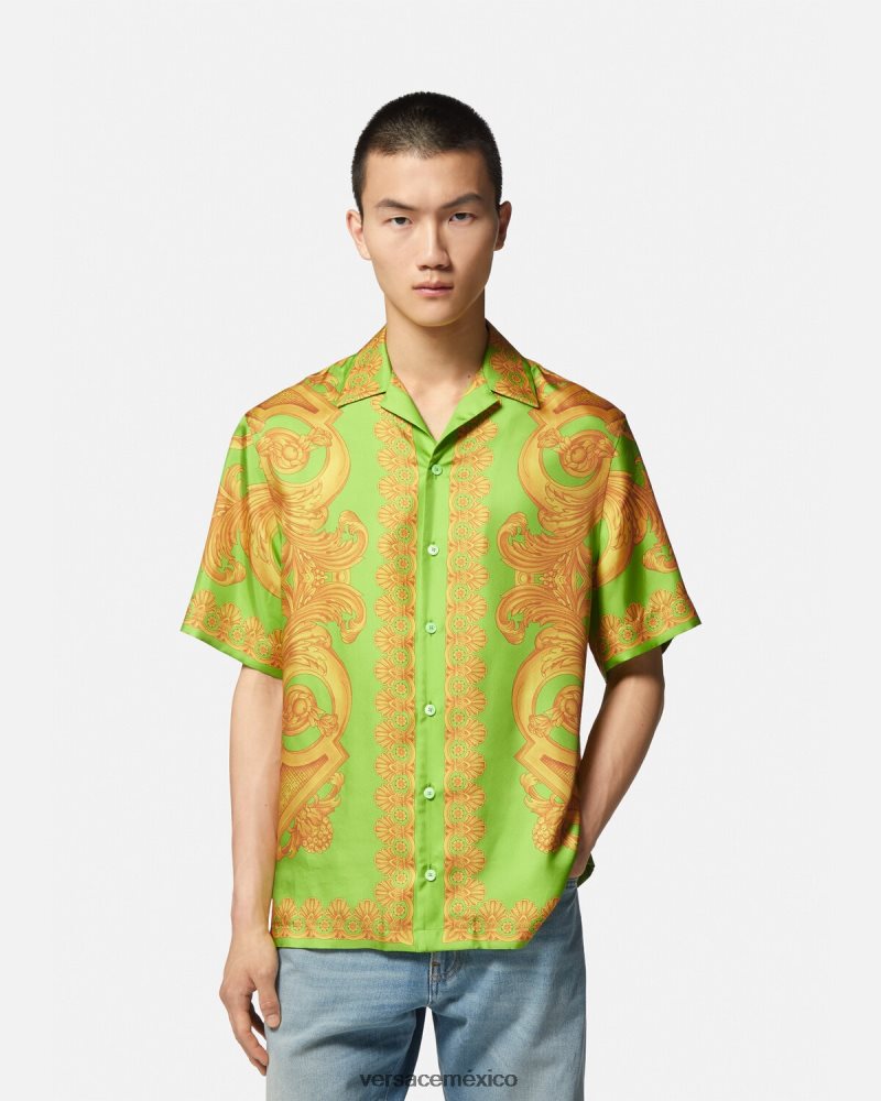 Versace camisa de seda barroco 660 oro y verde ropa hombres 84626J1317
