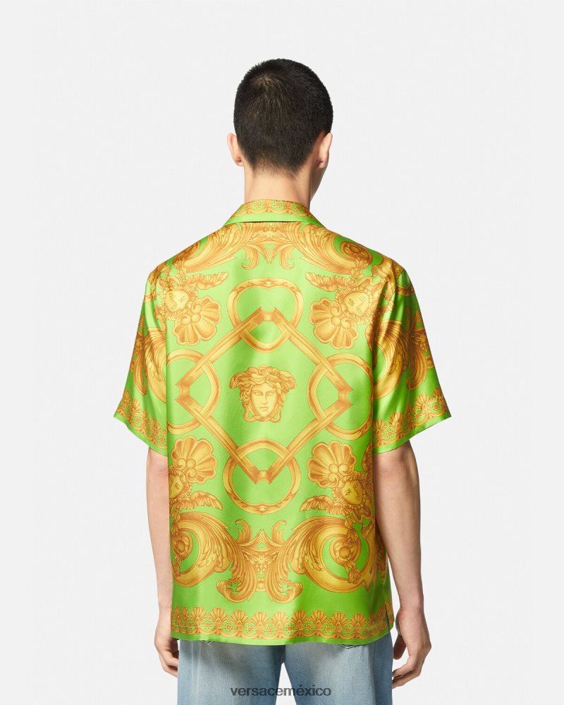 Versace camisa de seda barroco 660 oro y verde ropa hombres 84626J1317