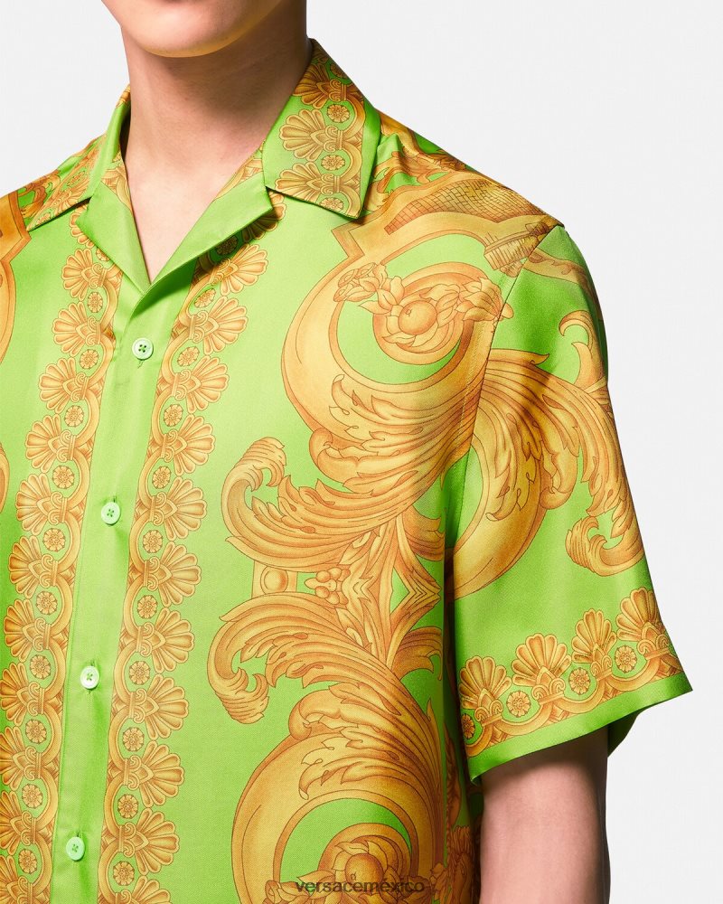 Versace camisa de seda barroco 660 oro y verde ropa hombres 84626J1317