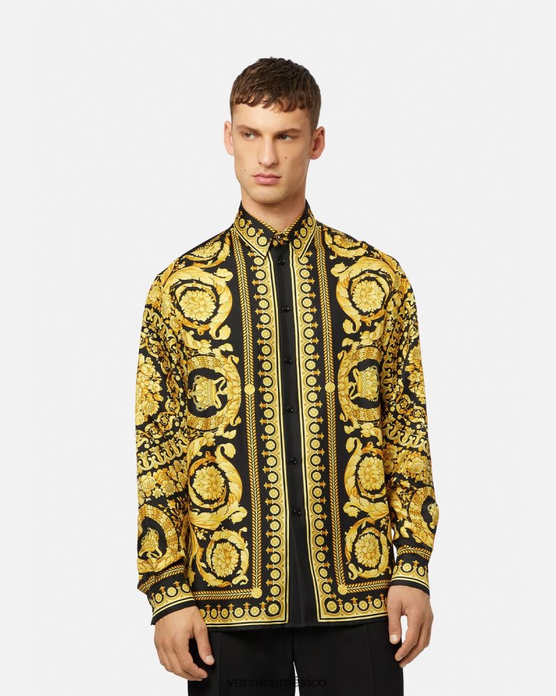 Versace camisa de seda barroco imprimir ropa hombres 84626J1296