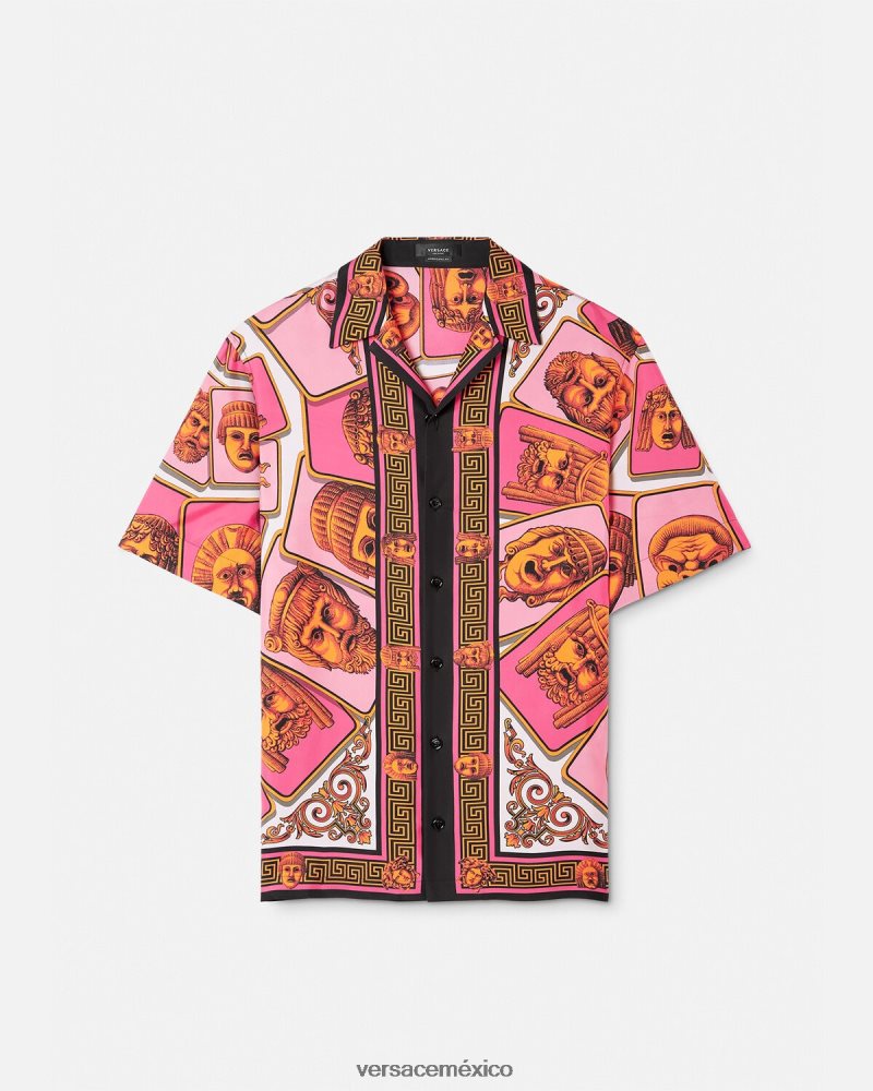 Versace camisa de seda le maschere rosa y estampado ropa hombres 84626J1307
