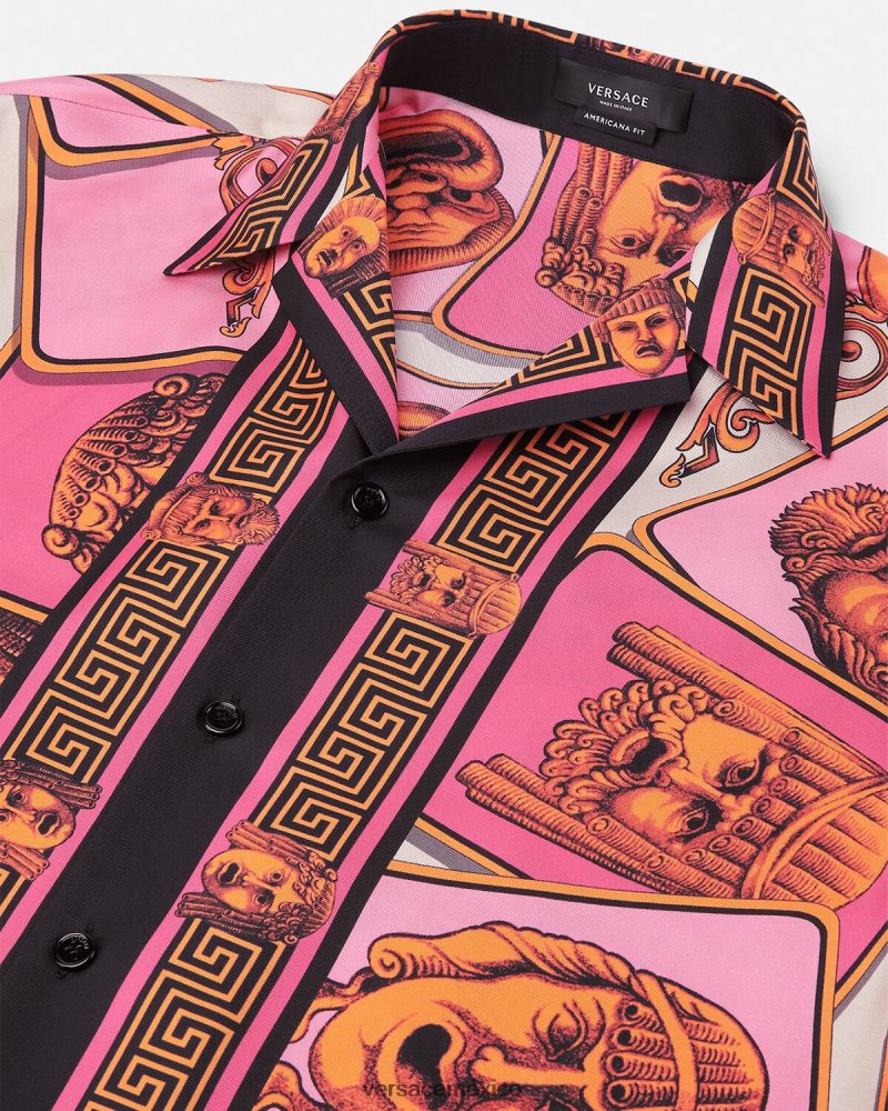 Versace camisa de seda le maschere rosa y estampado ropa hombres 84626J1307