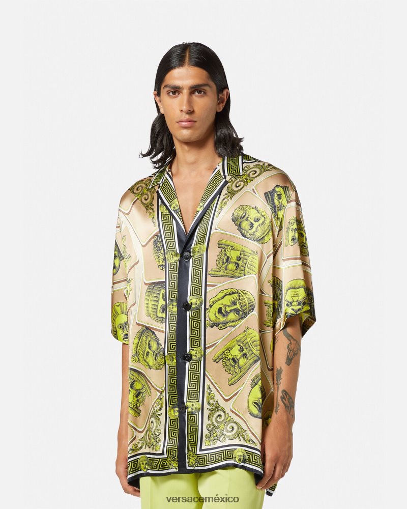 Versace camisa extragrande de seda le maschere imprimir ropa hombres 84626J1308