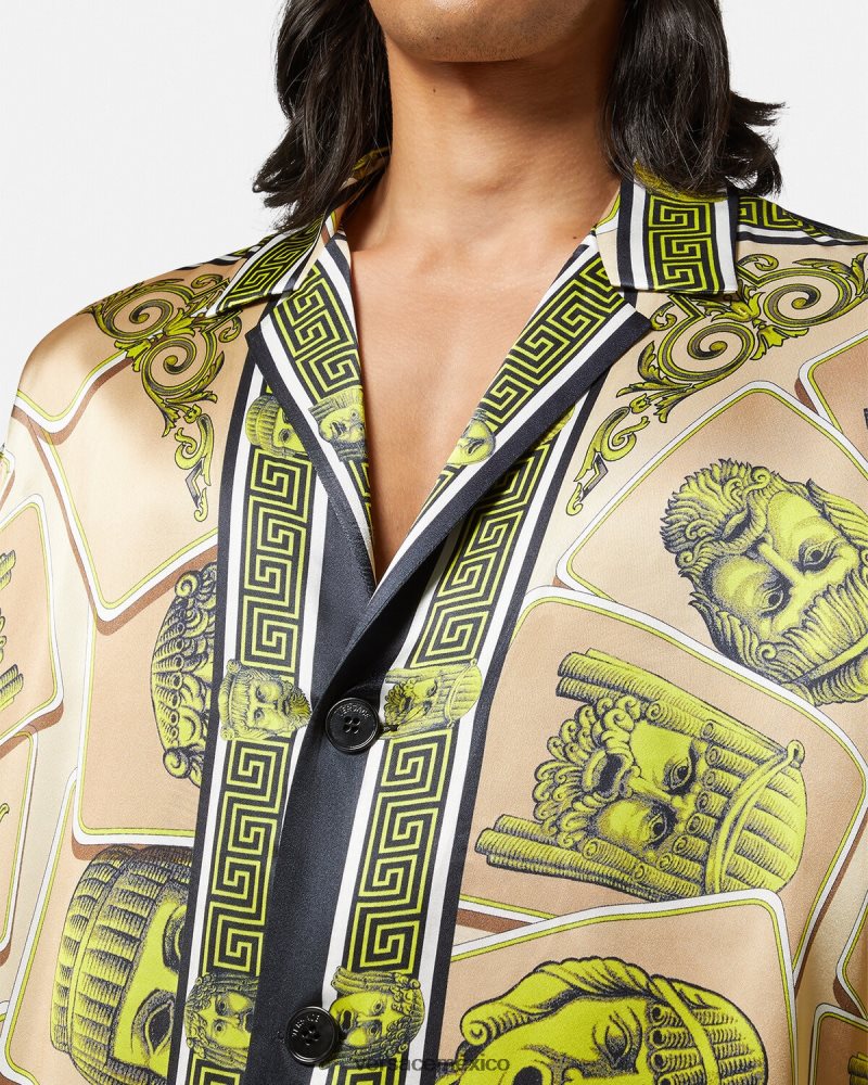 Versace camisa extragrande de seda le maschere imprimir ropa hombres 84626J1308