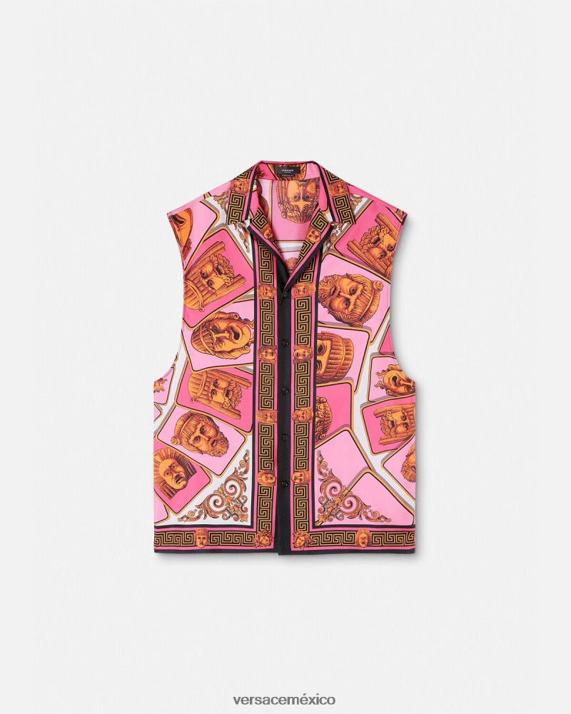 Versace le maschere camisa de seda sin mangas rosa y estampado ropa hombres 84626J1304