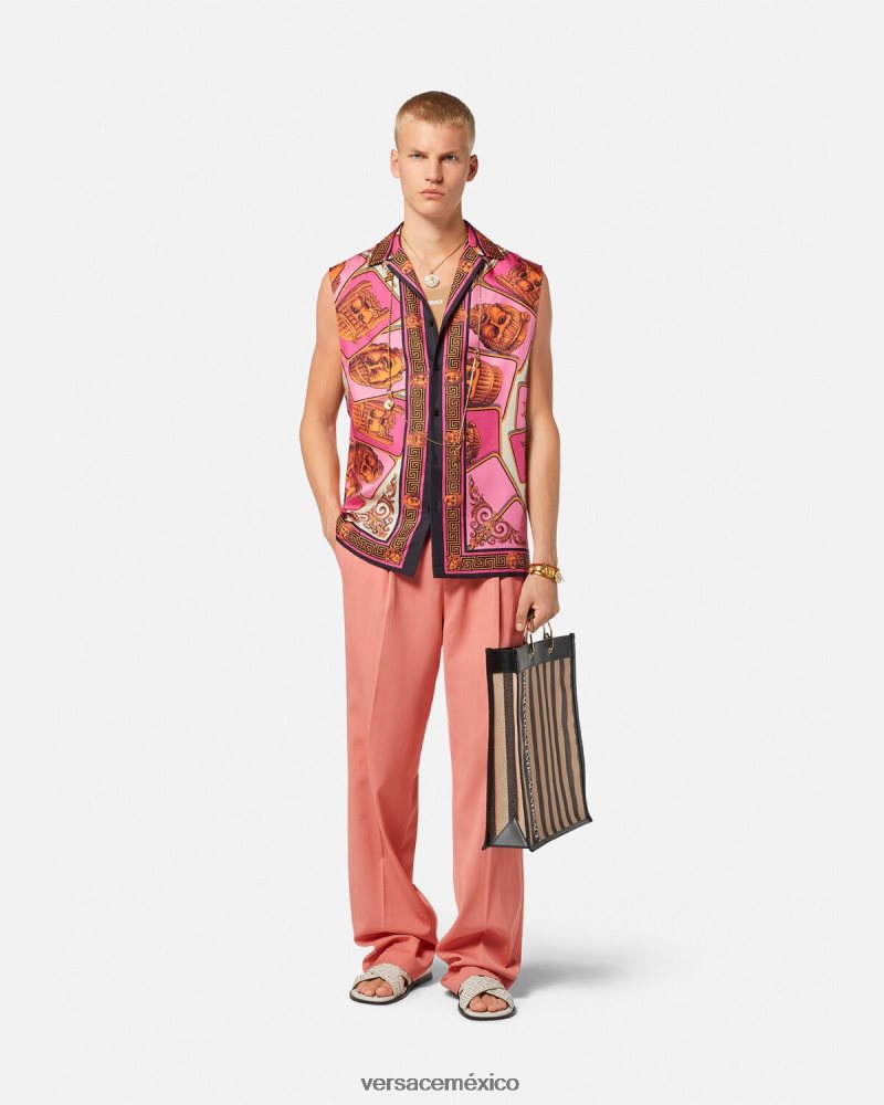 Versace le maschere camisa de seda sin mangas rosa y estampado ropa hombres 84626J1304
