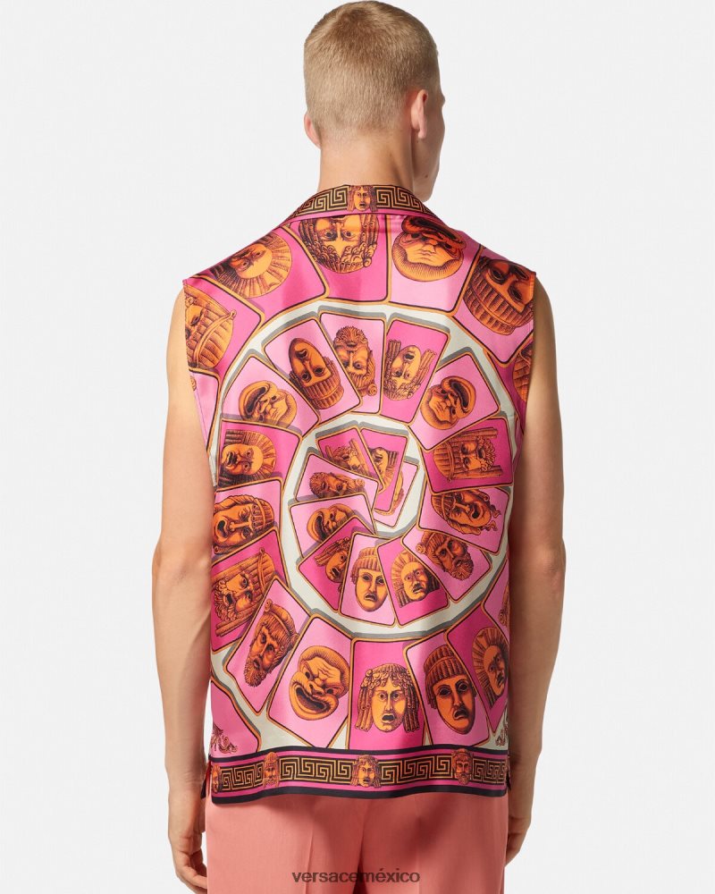 Versace le maschere camisa de seda sin mangas rosa y estampado ropa hombres 84626J1304